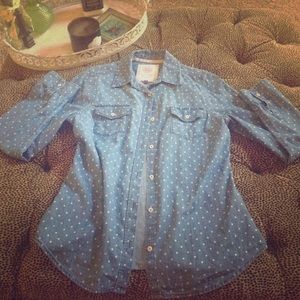 Button down chambray shirt with polka dots